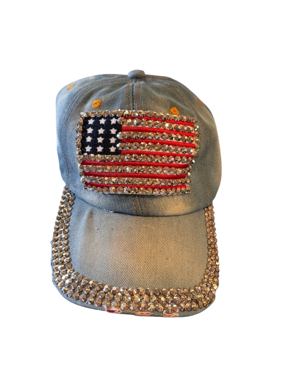 1118 NWOT Distress Style Denim Baseball Cap Rhinestone American Flag A0001118
